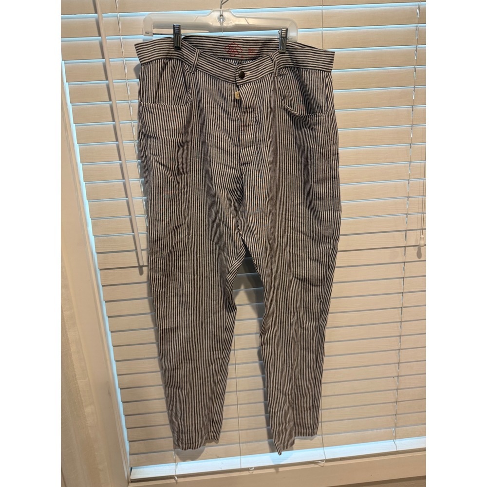 Alex Crane Cham Pants Mens 36 Blue White Ticking Stripe 100% Linen Tapered Pant